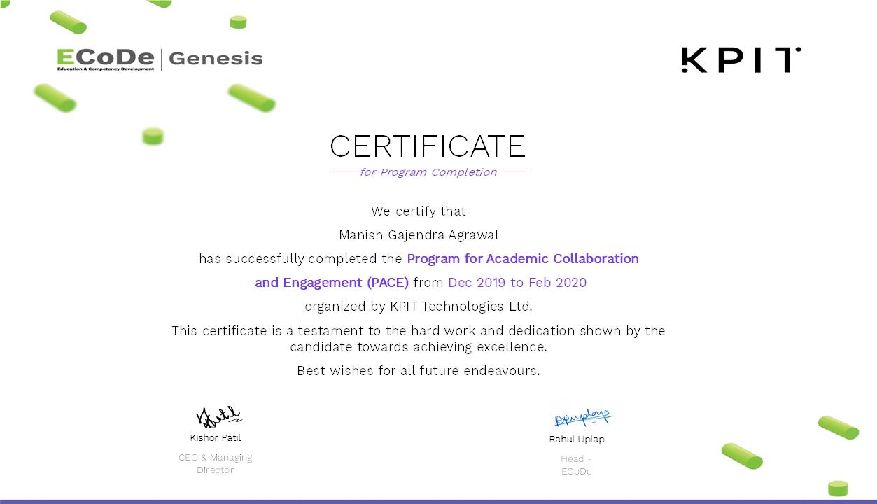 KPIT's PACE Training Certificate